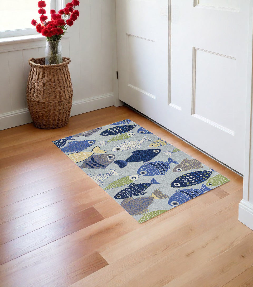 7' Round Light Blue School Of Fish Indoor Area Rug