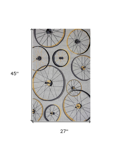 8' Grey Hand Hooked Wheels Round Indoor Area Rug