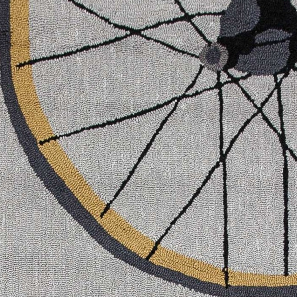 8' Grey Hand Hooked Wheels Round Indoor Area Rug