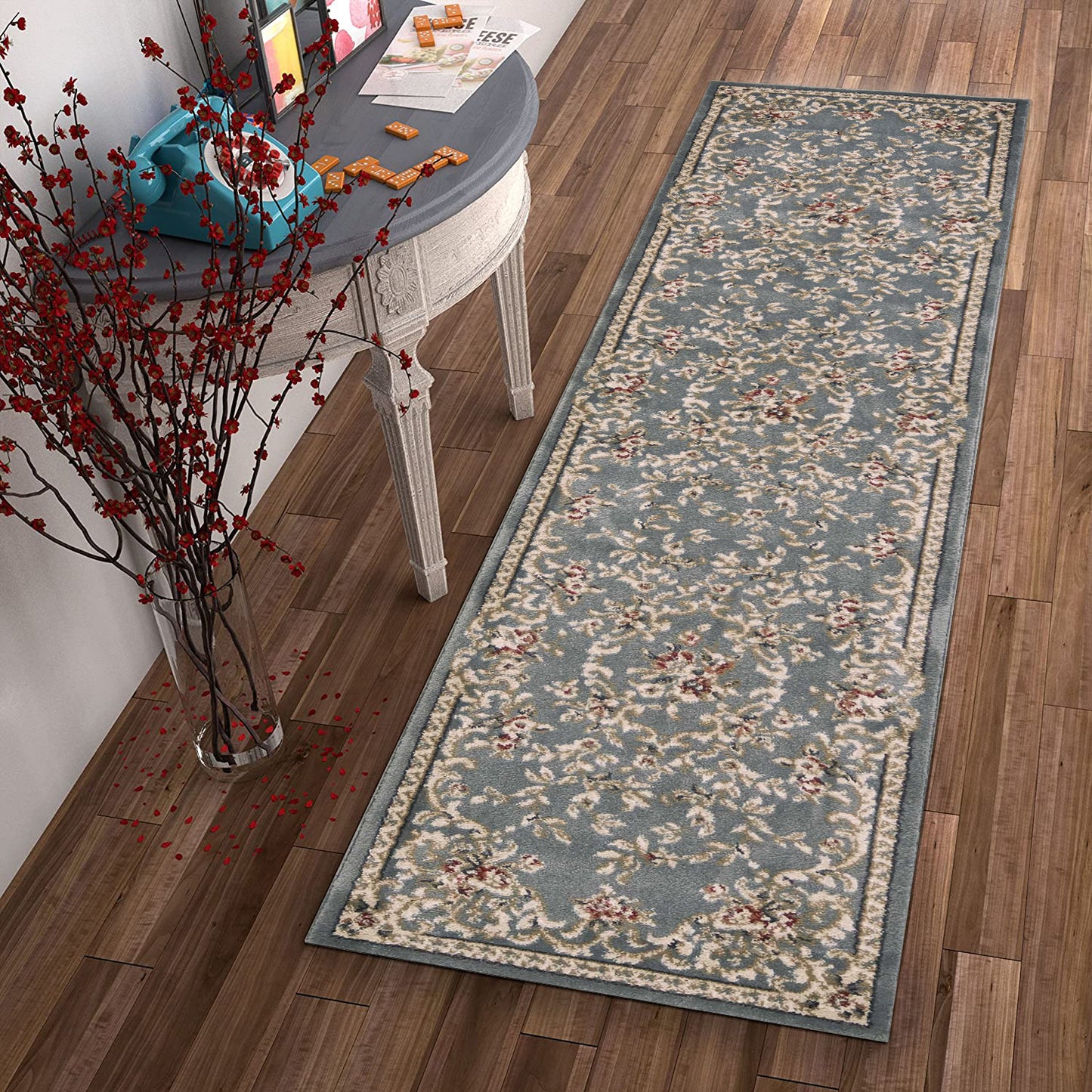 8' X 10' Slate Blue Floral Bordered Indoor Area Rug