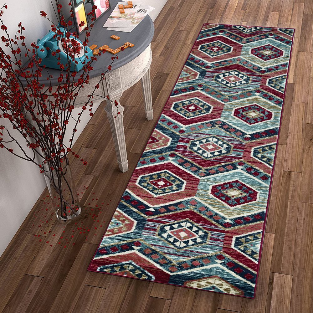 5' X 8' Red And Blue Geometric Area Rug