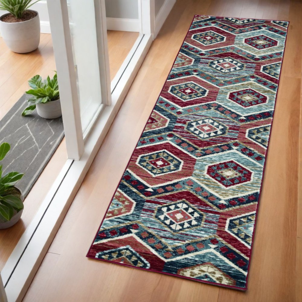 5' X 8' Red And Blue Geometric Area Rug