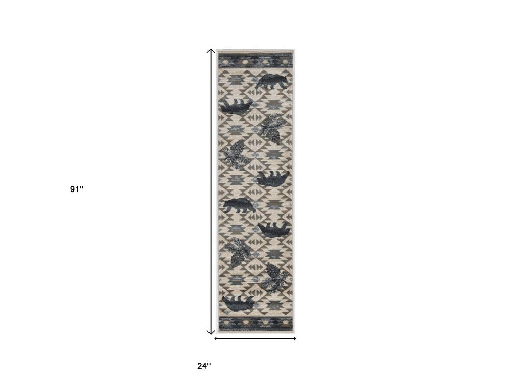 8' Ivory And Blue Southwestern Round Rug