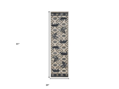 8' Ivory And Blue Southwestern Round Rug