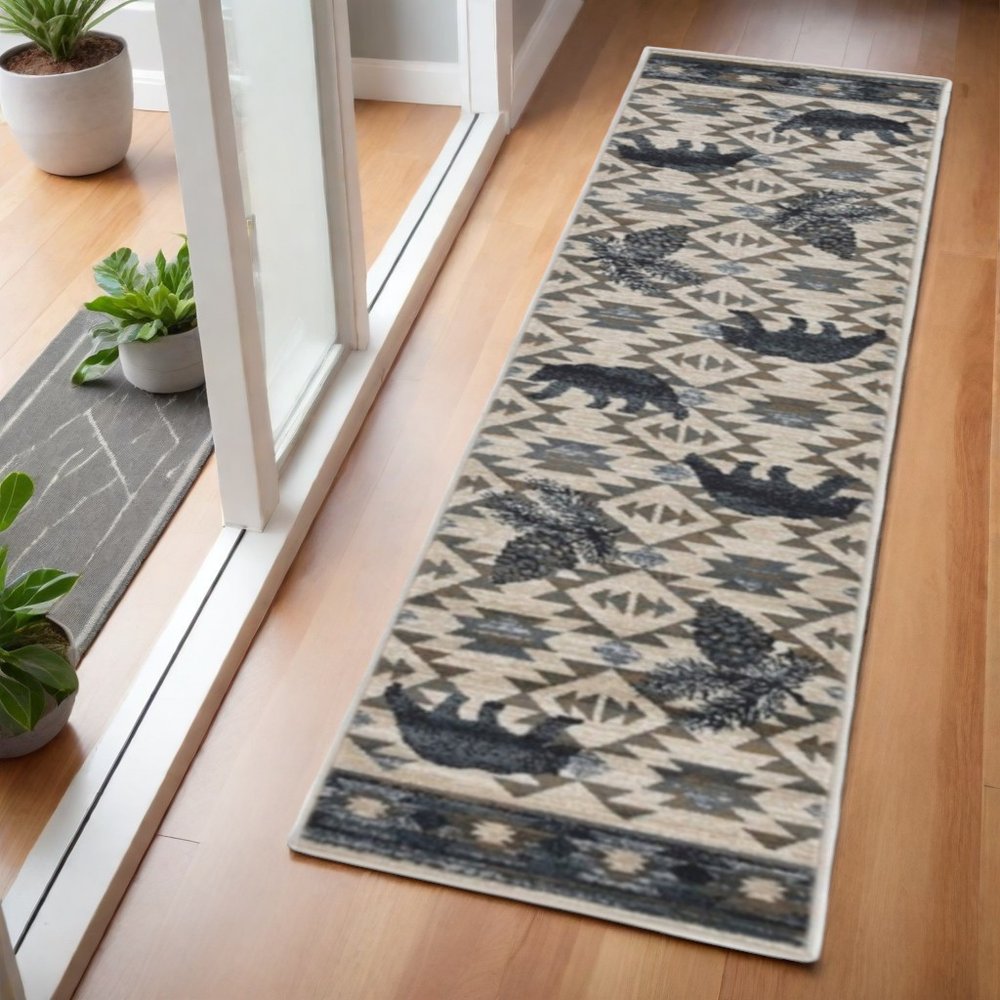 8' Ivory And Blue Southwestern Round Rug