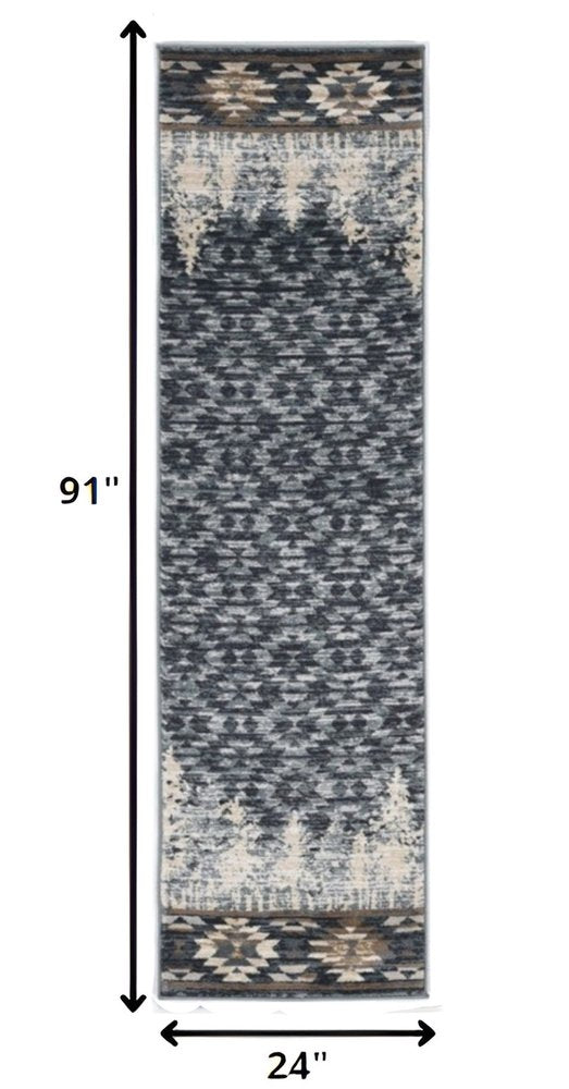 8' Slate Blue And Ivory Southwestern Round Rug