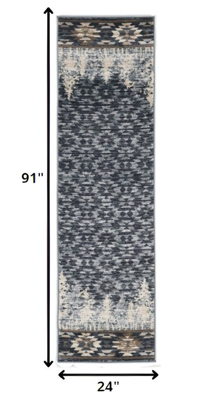 8' Slate Blue And Ivory Southwestern Round Rug