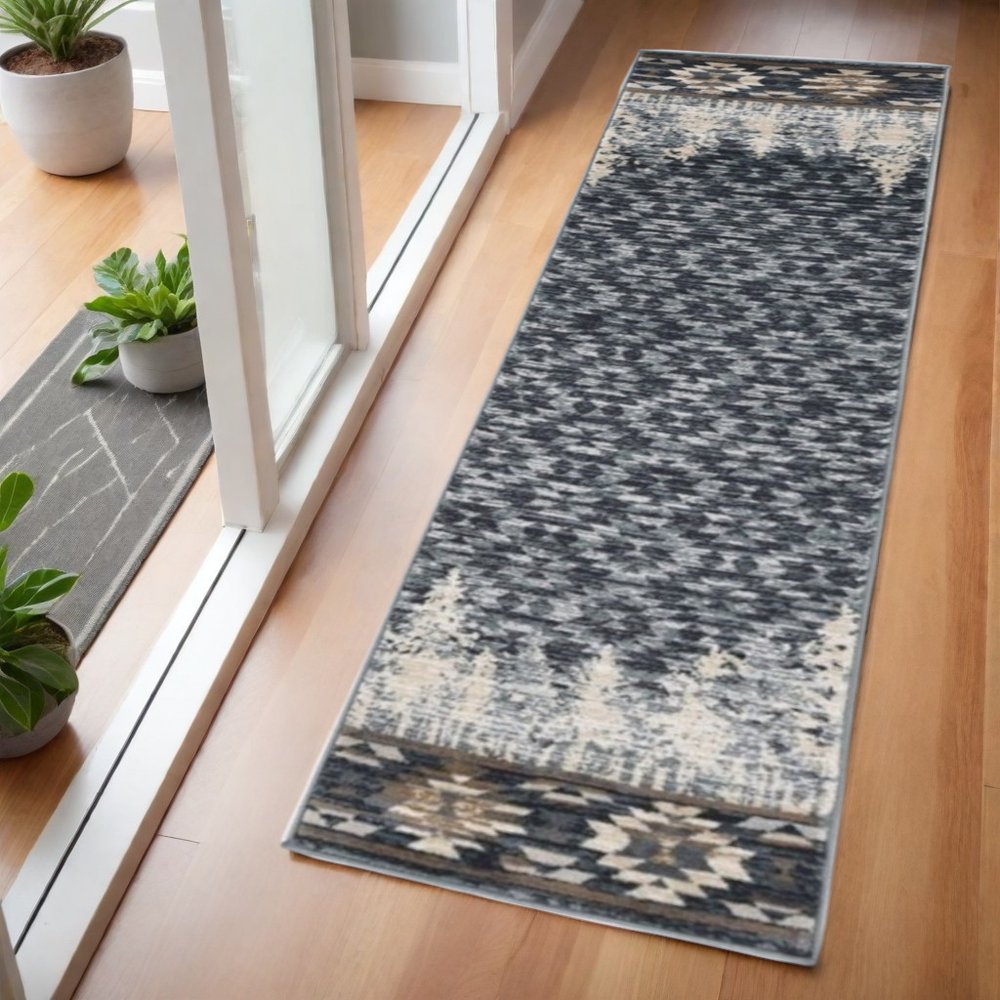 8' Slate Blue And Ivory Southwestern Round Rug
