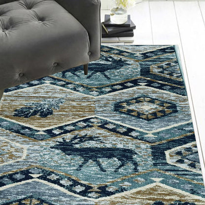 8' Blue And Green Woodland Lodge Round Rug