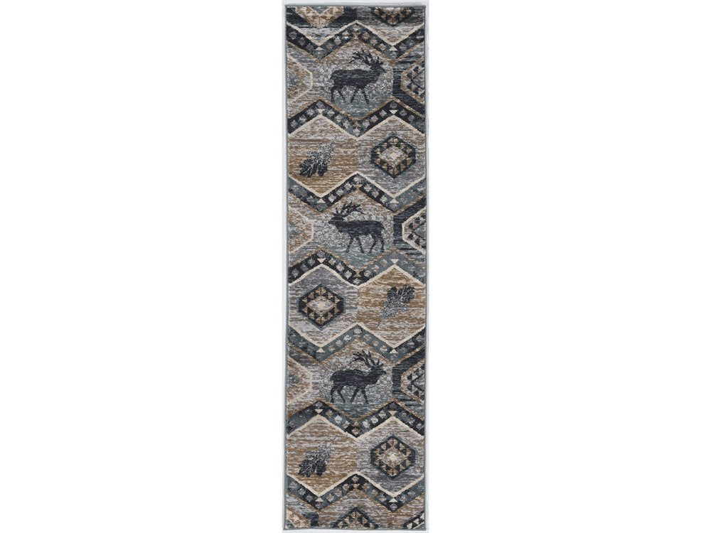 8' Charcoal Gray And Tan Woodland Lodge Runner Rug