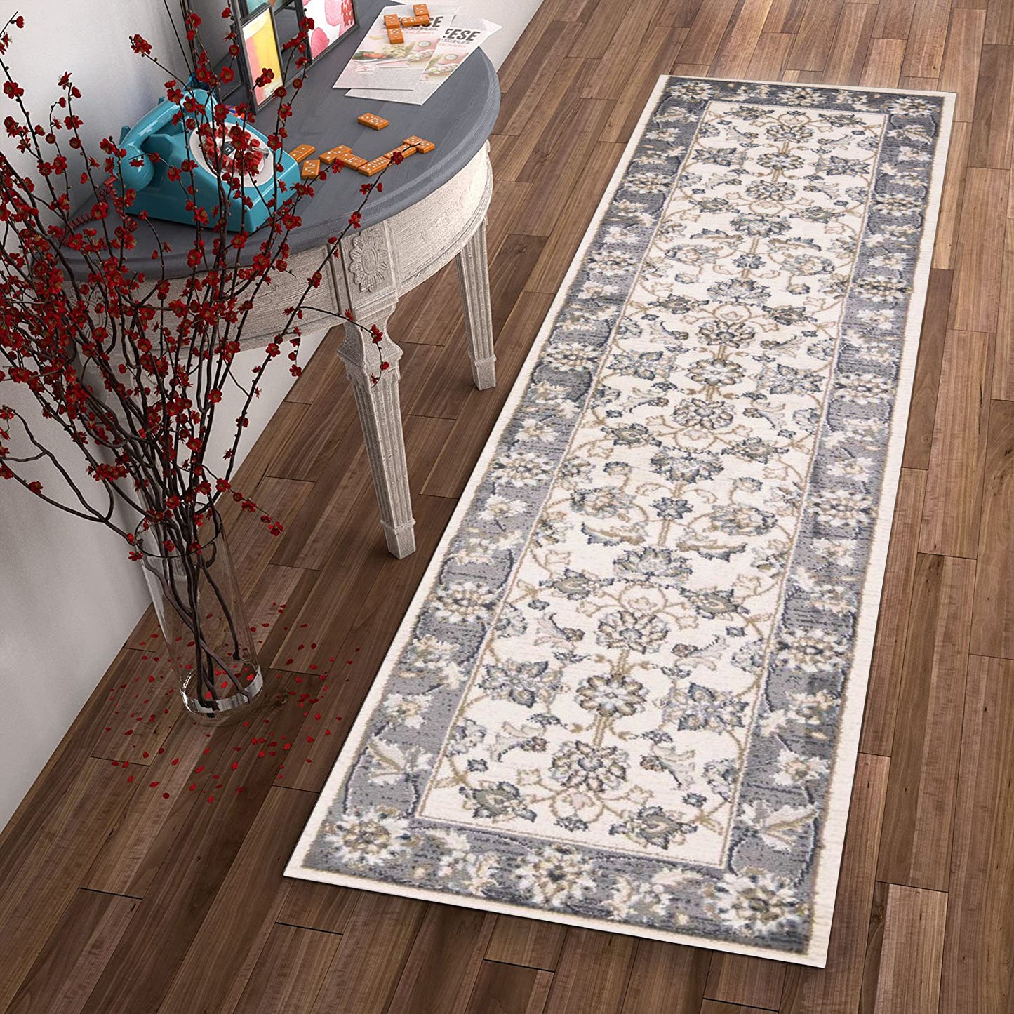 9' X 12' Ivory Grey Bordered Floral Indoor Area Rug