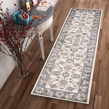 9' X 12' Ivory Grey Bordered Floral Indoor Area Rug