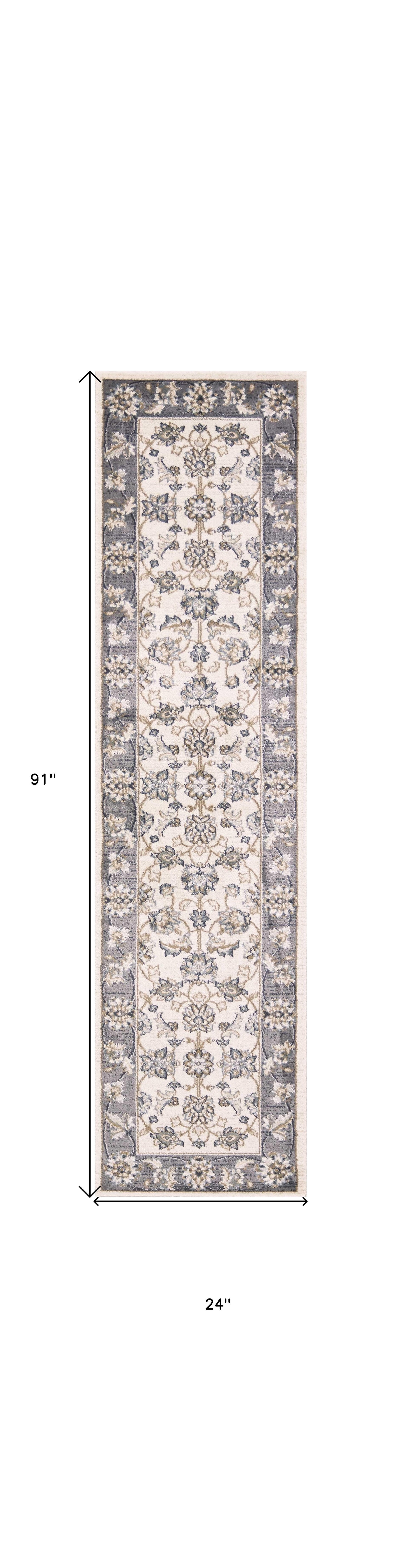 9' X 12' Ivory Grey Bordered Floral Indoor Area Rug