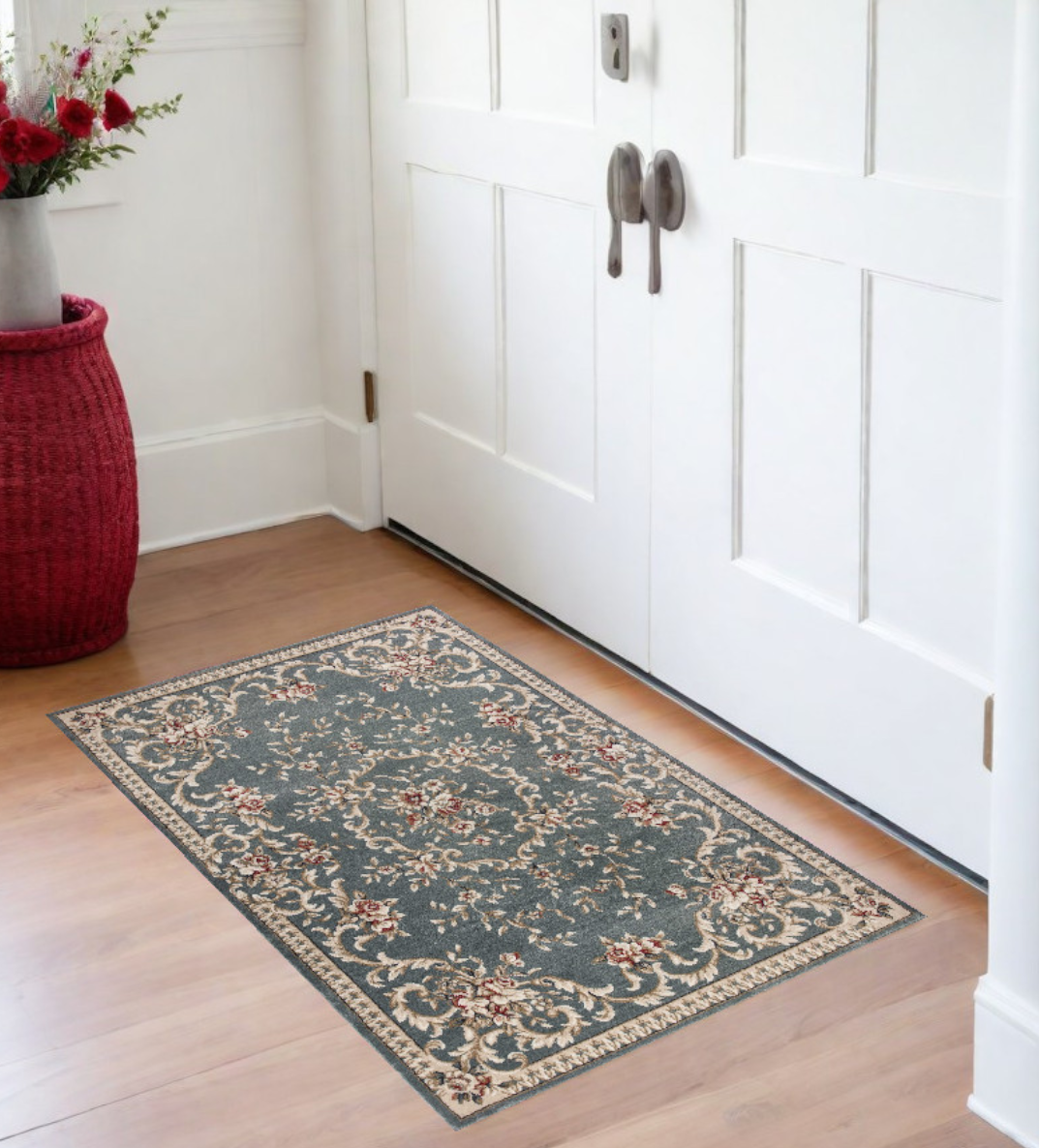 8' X 10' Slate Blue Floral Bordered Indoor Area Rug