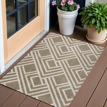 2' X 4' Beige Geometric Indoor Outdoor Area Rug