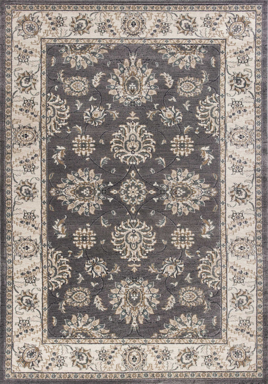 9' X 12' Grey Ivory Bordered Floral Indoor Area Rug