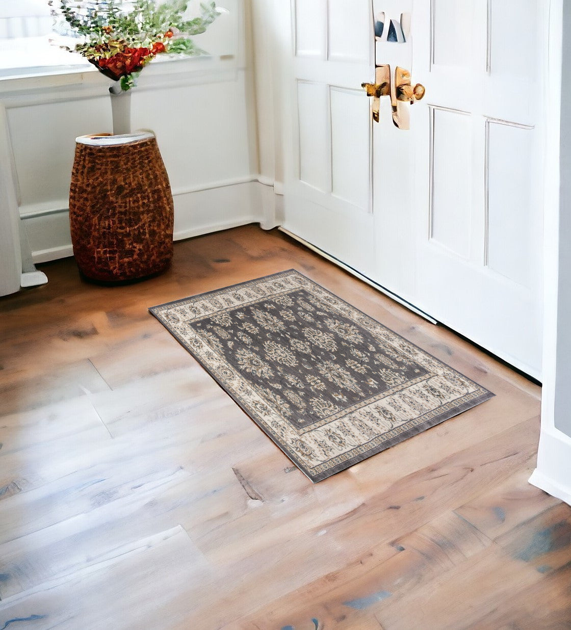 3' X 5' Gray and Ivory Floral Area Rug