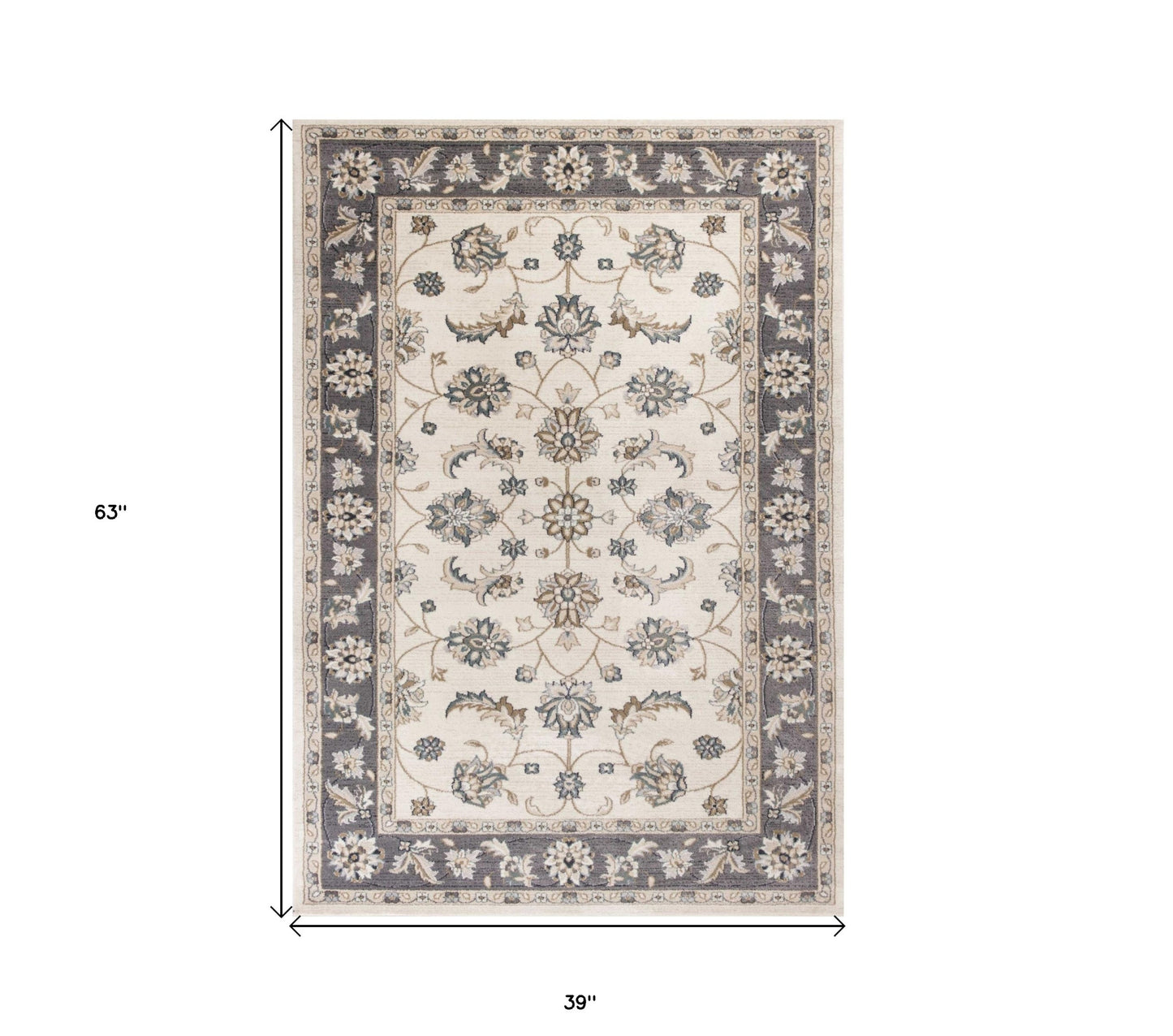 9' X 12' Ivory Grey Bordered Floral Indoor Area Rug