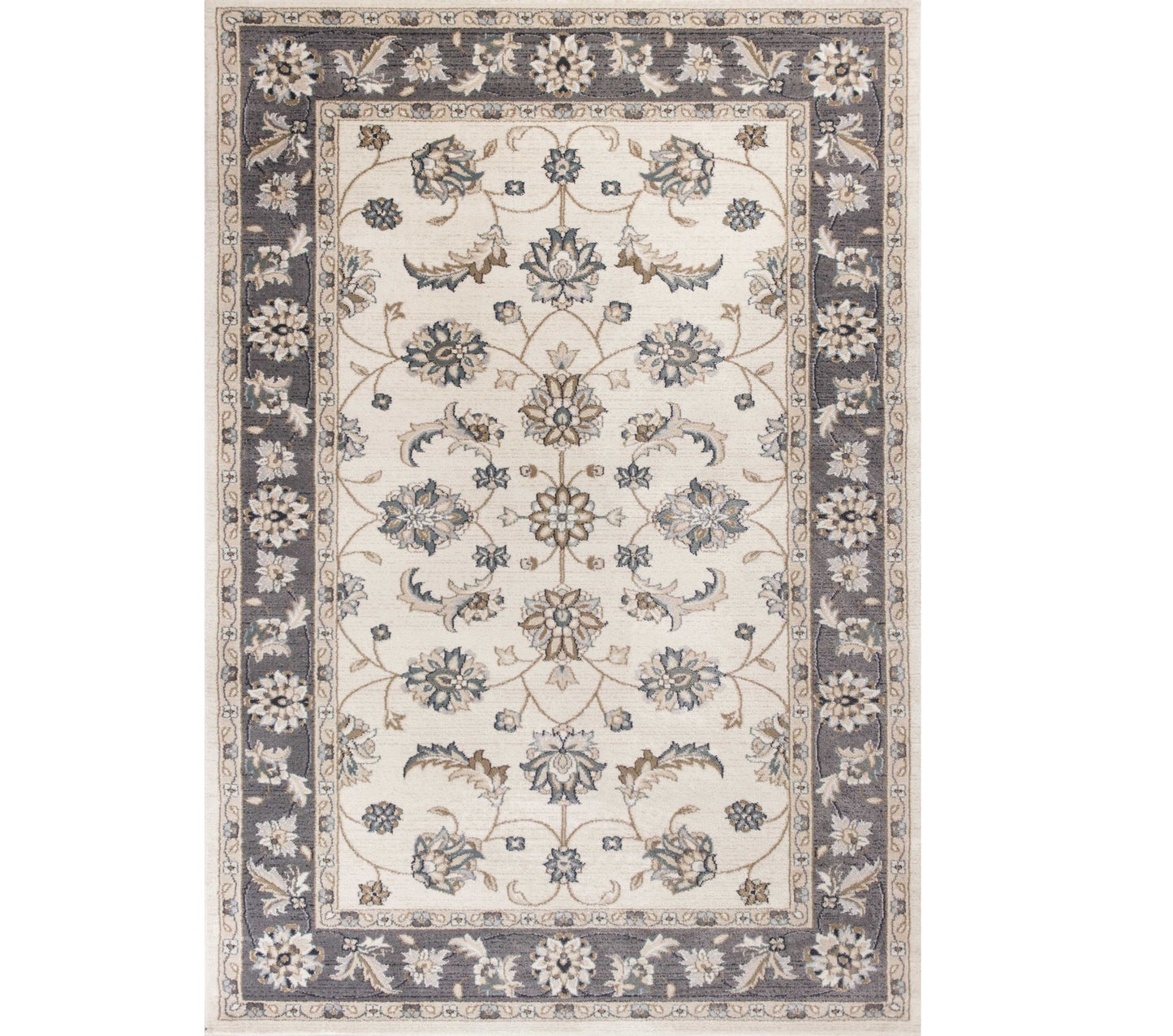 9' X 12' Ivory Grey Bordered Floral Indoor Area Rug