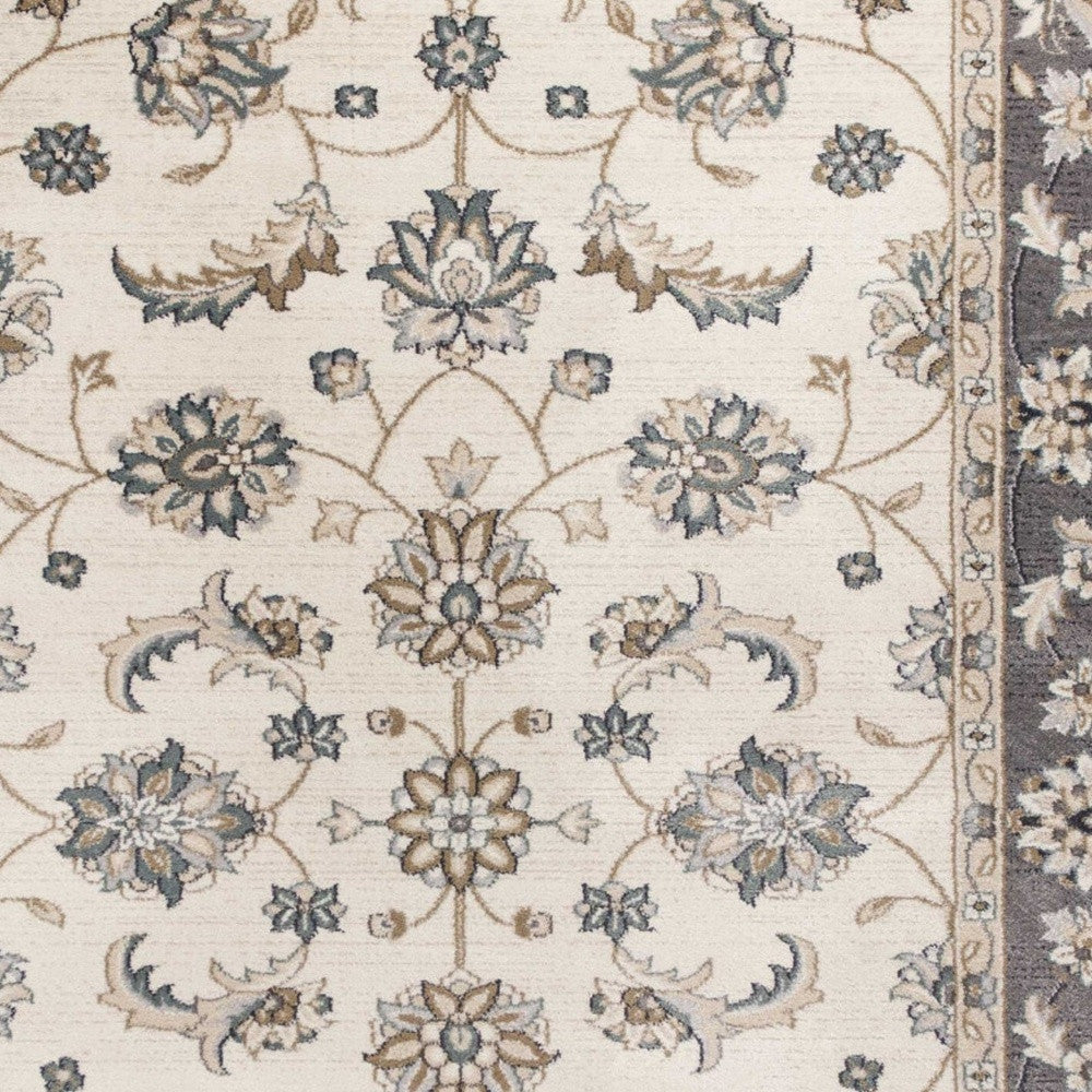 9' X 12' Ivory Grey Bordered Floral Indoor Area Rug