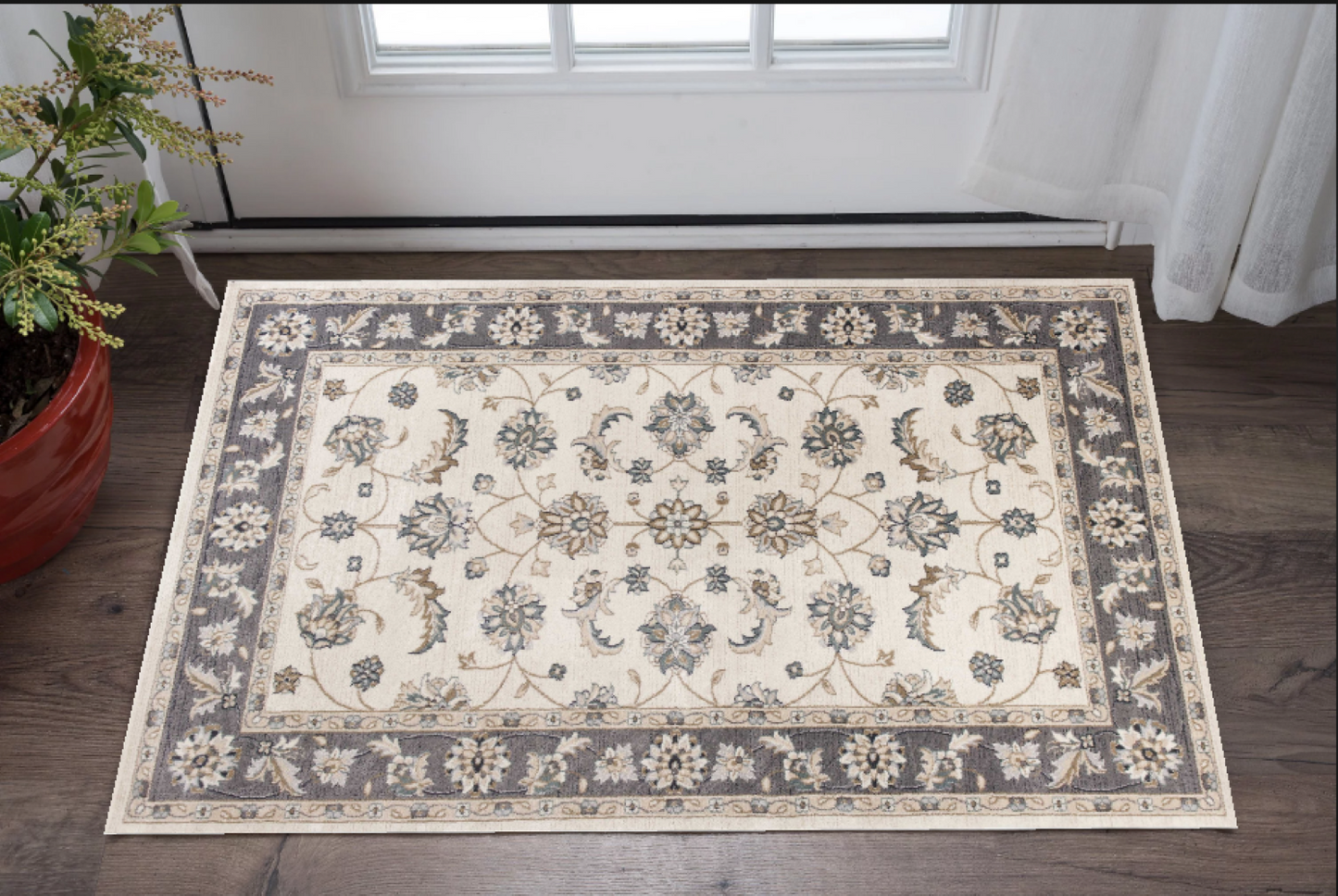 9' X 12' Ivory Grey Bordered Floral Indoor Area Rug