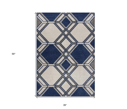 7' X 11' Ivory Or Denim Geometric Hexagon Uv Treated Indoor Area Rug
