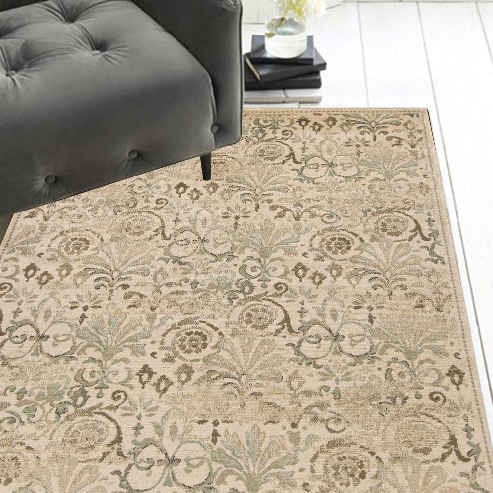 8' X 11' Ivory And Brown Floral Medallion Area Rug