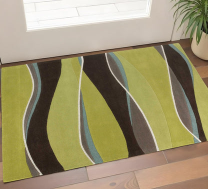 5' X 8' Lime Green Brown And Blue Wool Abstract Hand Tufted Area Rug