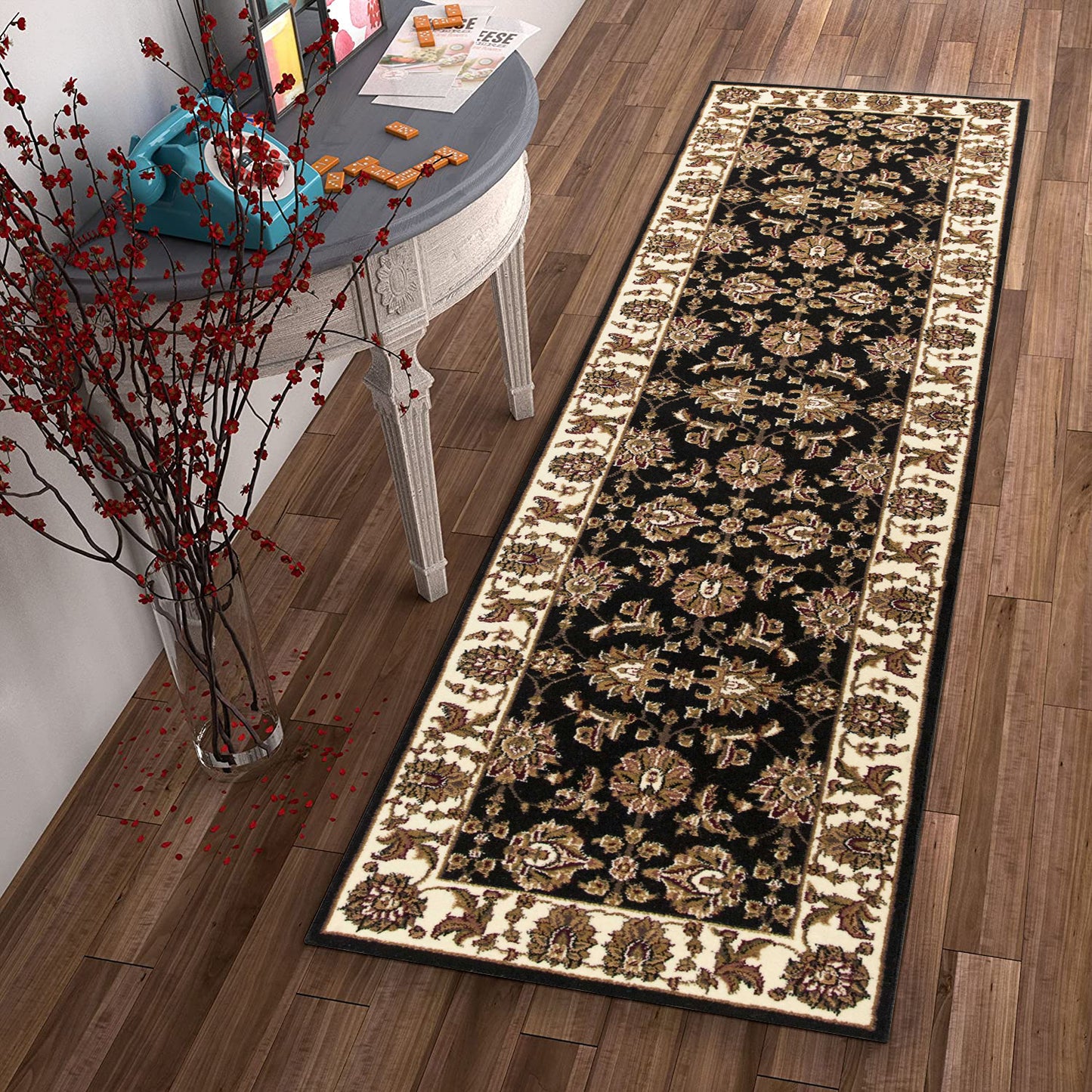 5' X 8' Black Or Ivory Floral Bordered Area Rug