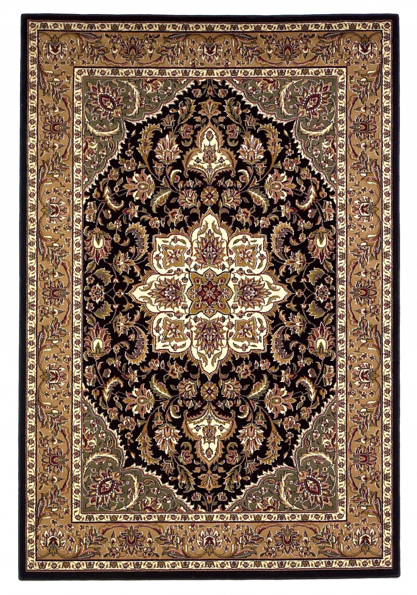 3' X 5' Black Beige Machine Woven Floral Medallion Indoor Area Rug