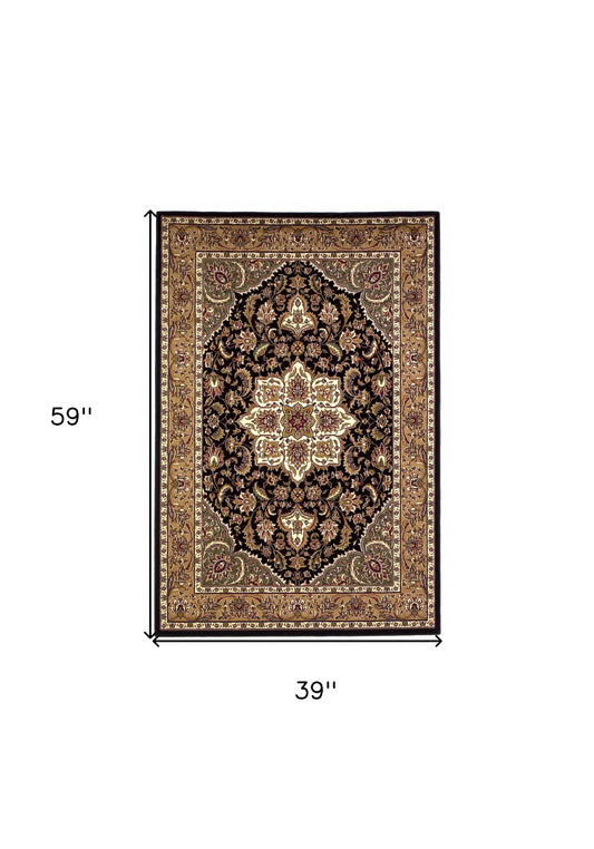 10' X 13' Black Beige Machine Woven Floral Medallion Indoor Area Rug