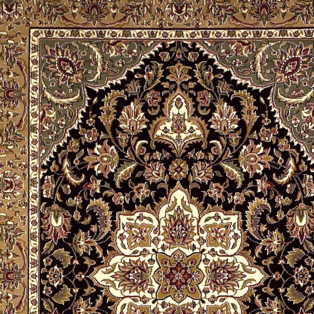 3' X 5' Black Beige Machine Woven Floral Medallion Indoor Area Rug