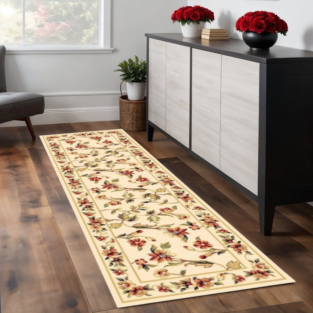 2' X 3' Ivory Green And Red Floral Vines Area Rug