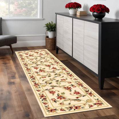 2' X 3' Ivory Green And Red Floral Vines Area Rug
