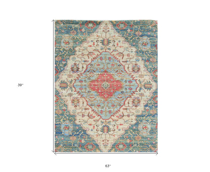 5' X 7' Blue Beige And Brick Red Jute Medallion Hand Woven Distressed Area Rug