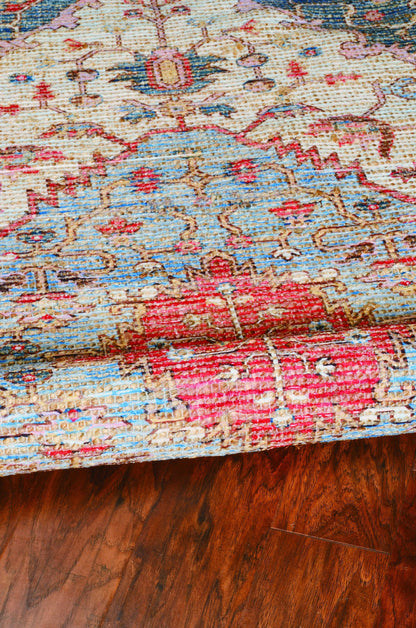 5' X 7' Blue Beige And Brick Red Jute Medallion Hand Woven Distressed Area Rug