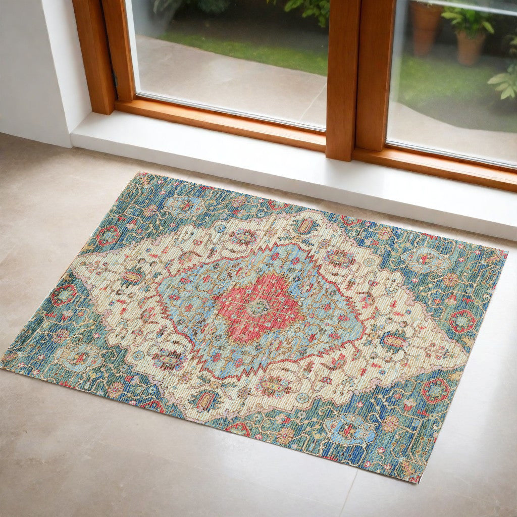 7' X 12' Blue and Red Medallion Handmade Area Rug