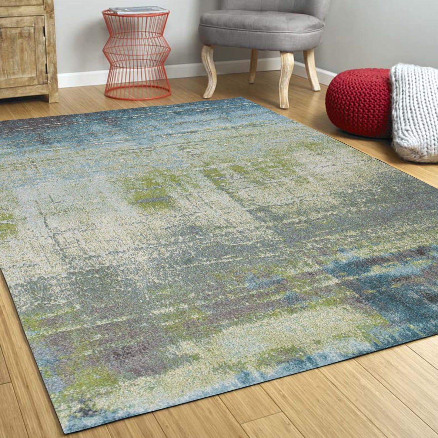 3' X 5' Blue and Green Abstract Brushstrokes Area Rug