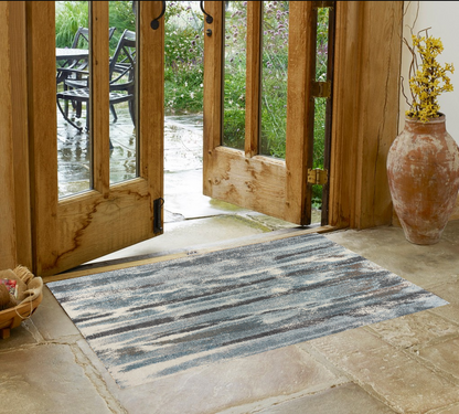 7' X 10' Teal Blue Machine Woven Abstract Stripes Indoor Area Rug