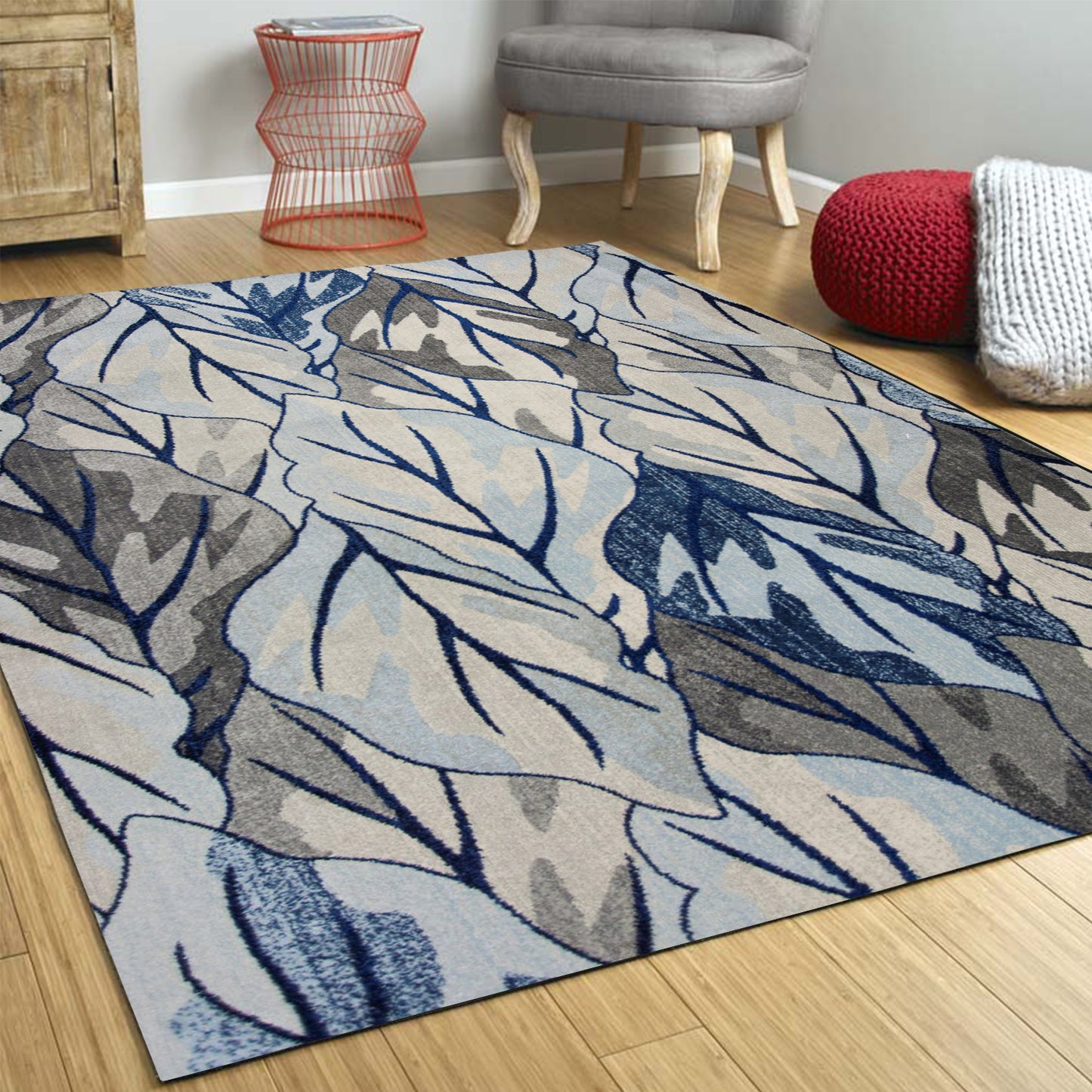 8' X 11' Grey Navy Machine Woven Oversized Leaves Indoor Area Rug