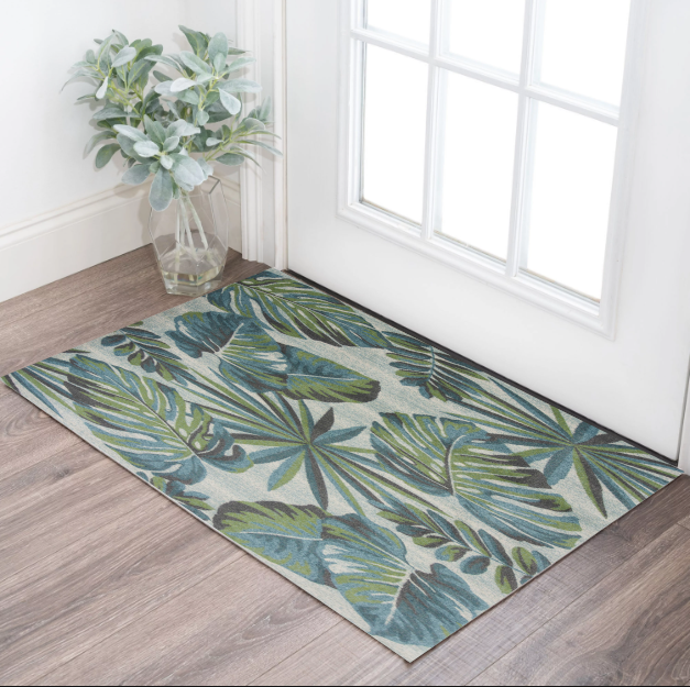 3' X 5' Teal and Ivory Tropical Floral Area Rug