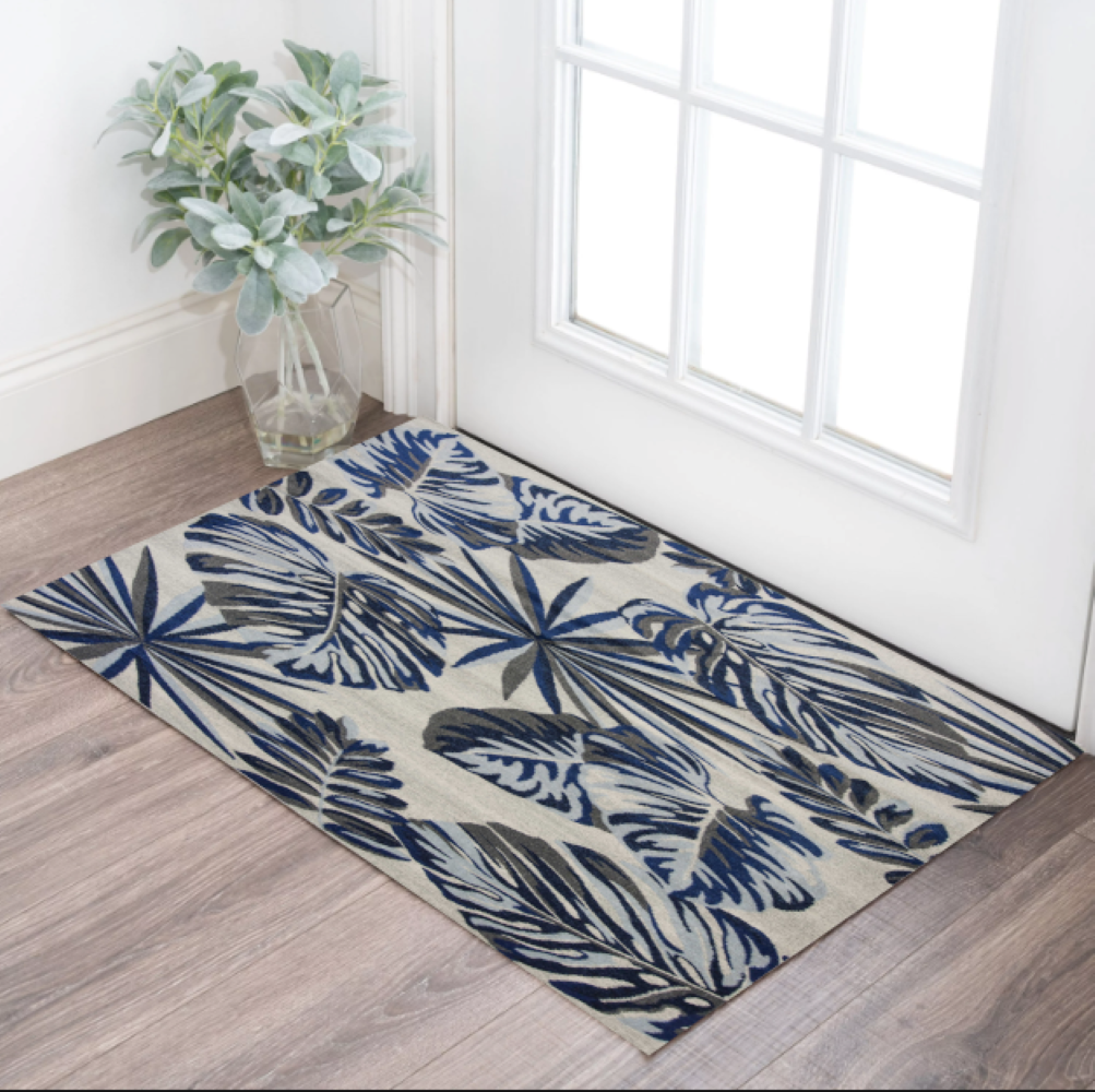 10' X 13' Grey Blue Machine Woven Tropical Leaves Indoor Area Rug