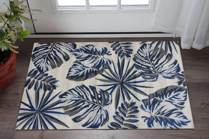 8' X 11' Blue And Gray Botanical Leaves Area Rug
