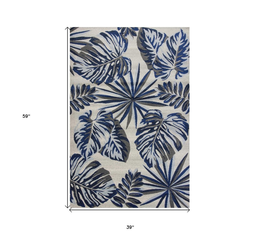 8' X 11' Blue And Gray Botanical Leaves Area Rug