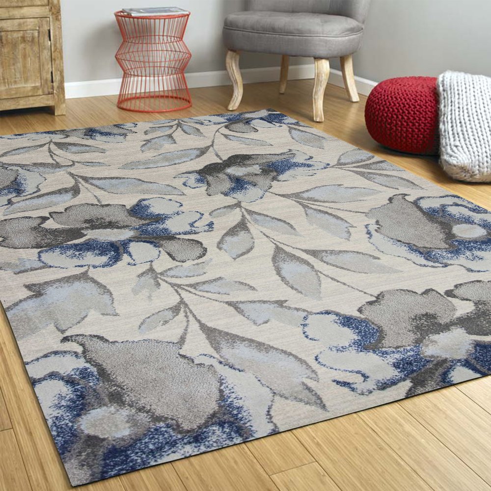 9' X 13' Ivory Blue And Gray Floral Vines Area Rug