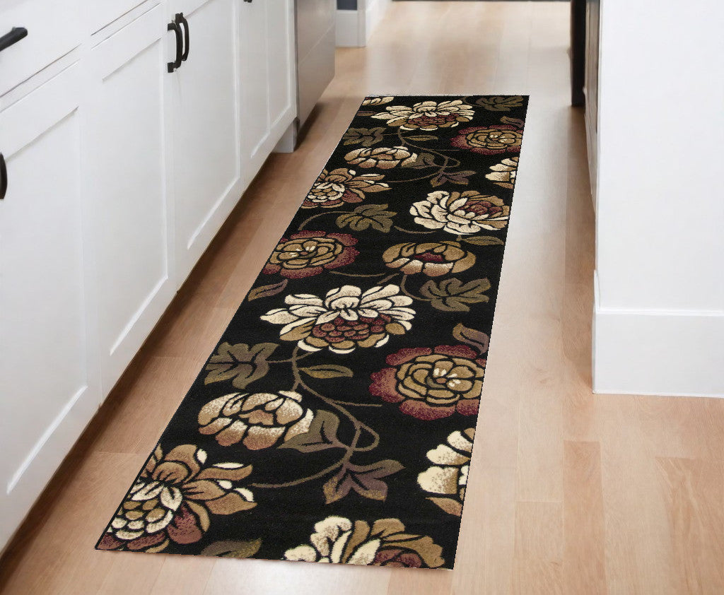 5' X 8' Black and Tan Floral Area Rug