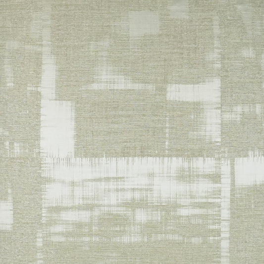 Beige abstract geometric fabric texture with blocky white and taupe pattern, linen-like weave for upholstery or rug.