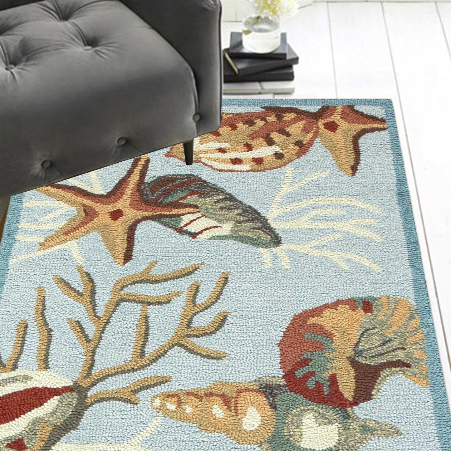 7' Round Blue Shells And Corals Indoor Area Rug