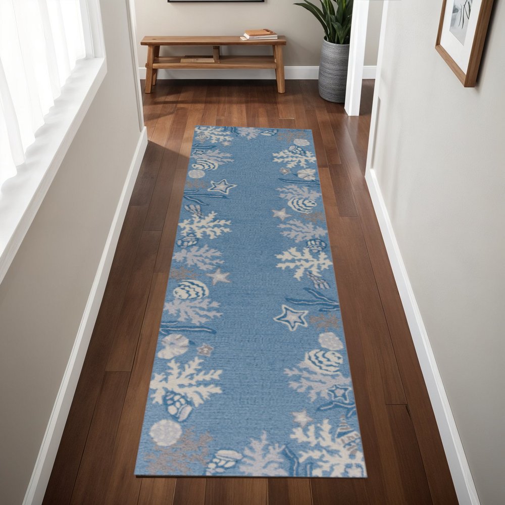 3' X 5' Blue Gray And White Fish and Coral Hand Hooked Area Rug