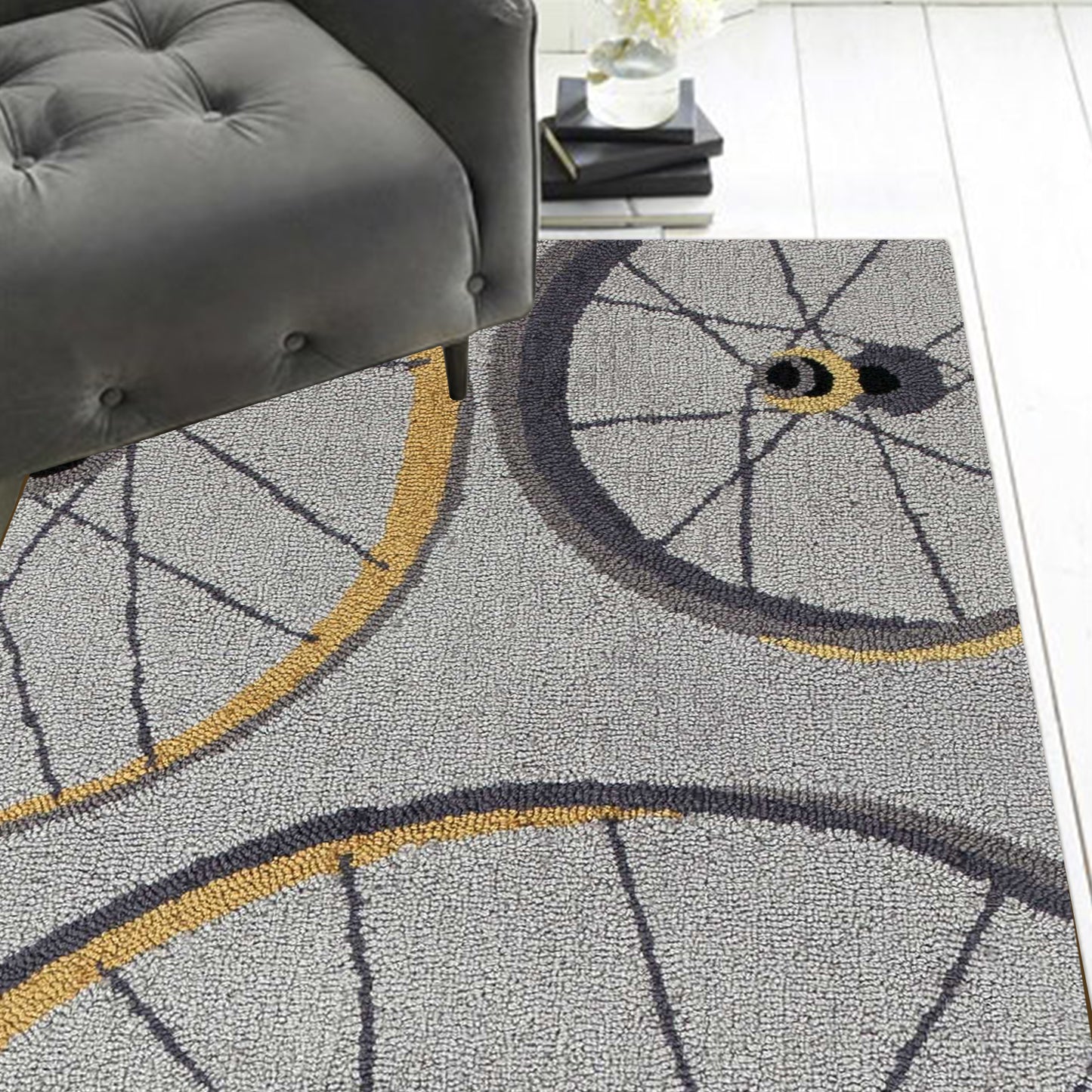 5' X 8' Grey Hand Hooked Wheels Indoor Area Rug